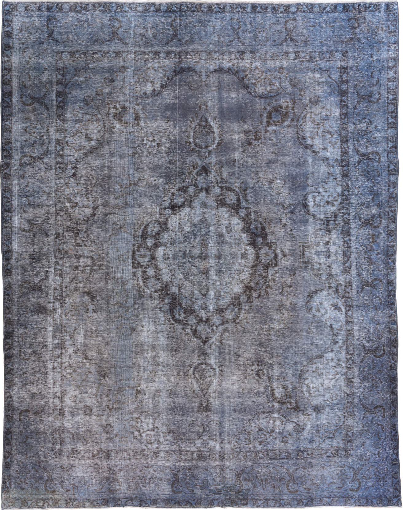9' x 12' one-of-a-kind handmade vintage Overdyed large size rug. Color palette: black, blue, charcoal, fiord, gray