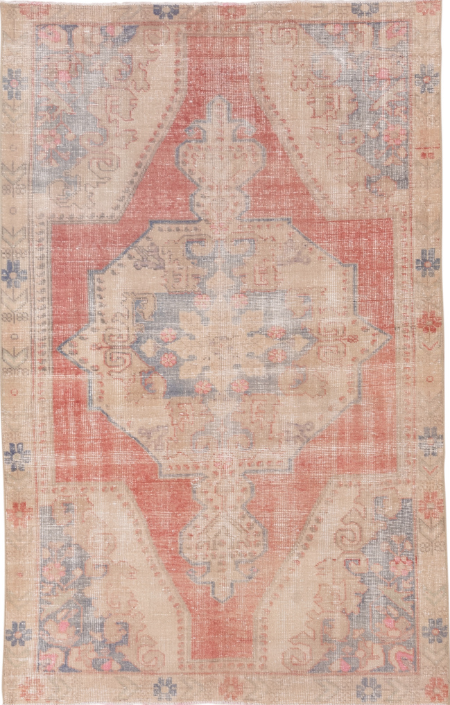 4' x 7' one-of-a-kind handmade vintage Oushak rug. Color palette: off-white, gray, pink, light gray, orange, brown