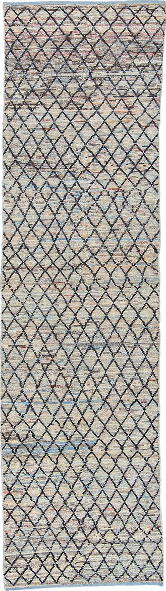 2' x 9' one-of-a-kind handmade vintage Tulu runner rug. Color palette: black, blue, brown, charcoal, dim gray, gray