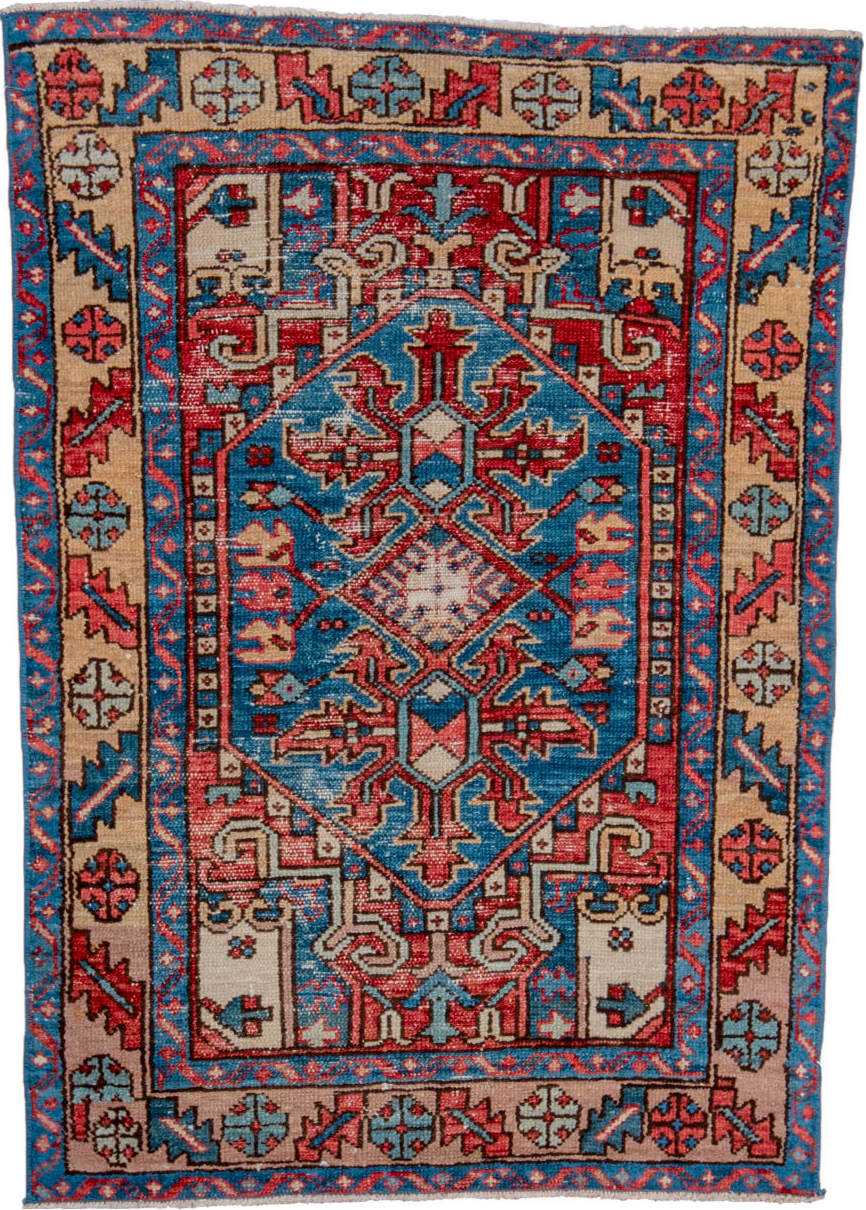 3' x 4' one-of-a-kind handmade vintage Heriz small size rug. Color palette: blue, brown, gray, indian red, light gray, pink