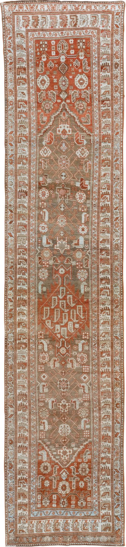 2' x 13' one-of-a-kind handmade vintage Malayer runner rug. Color palette: brown, gray, light gray, off-white, pink, silver