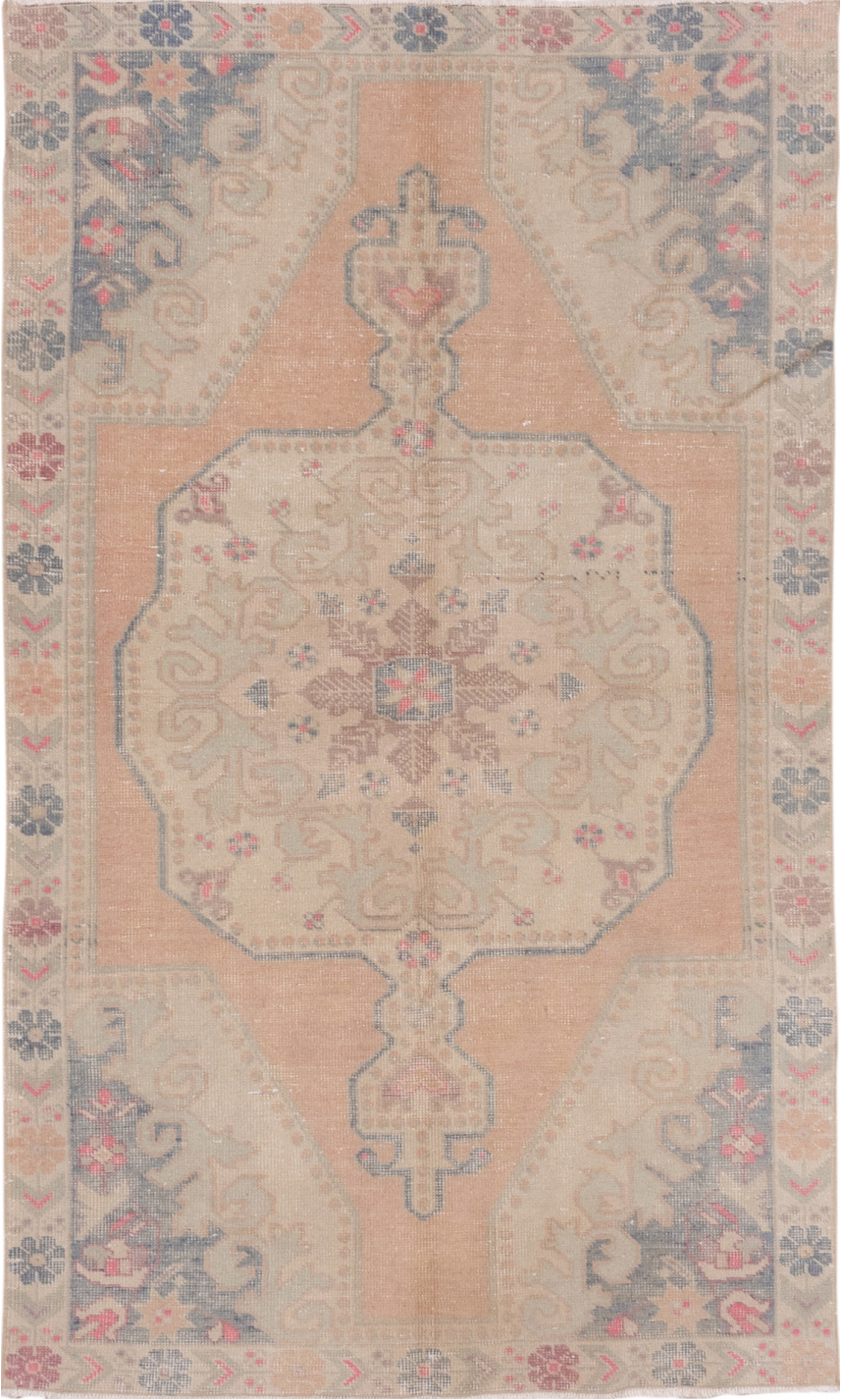4' x 7' one-of-a-kind handmade vintage Oushak rug. Color palette: brown, gray, light gray, off-white, pink
