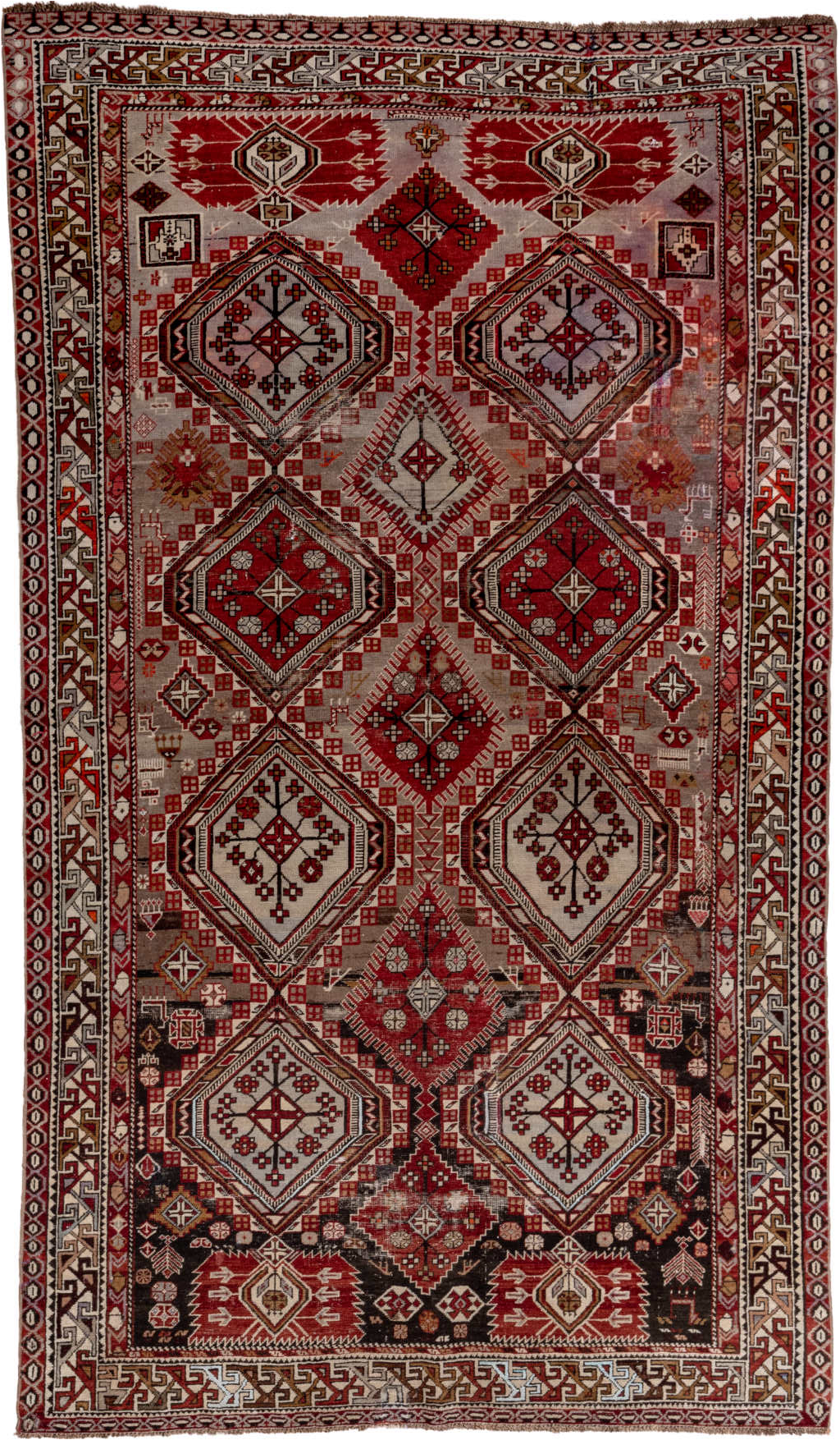 4' x 7' one-of-a-kind handmade vintage Shirvan rug. Color palette: brown, gray, pink