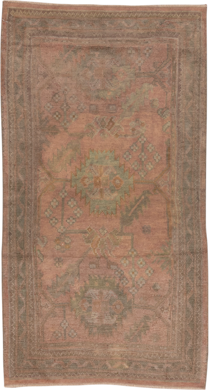 3' x 6' one-of-a-kind handmade vintage Oushak small size rug. Color palette: brown, gray, light gray, off-white, pink, snow