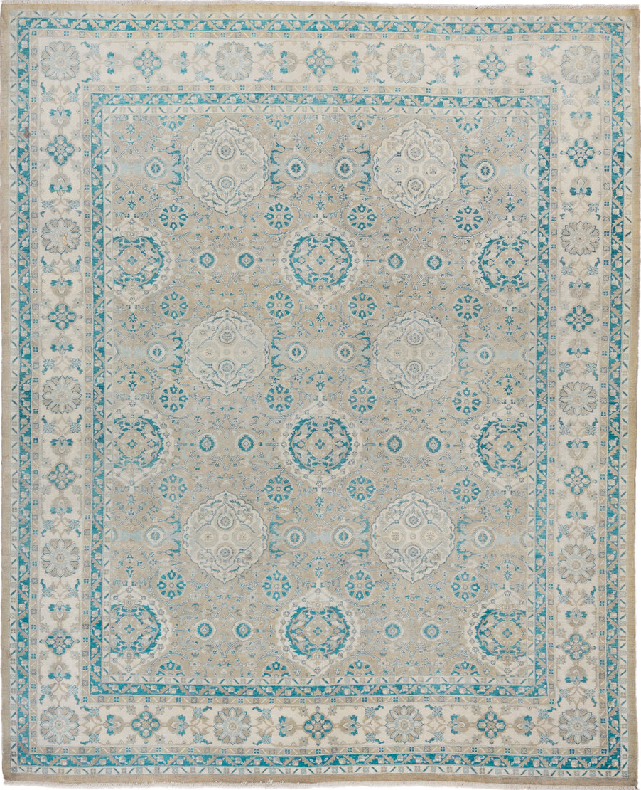 8' x 9' one-of-a-kind handmade vintage Sivas rug. Color palette: light gray, off-white, gray, blue, green, light blue