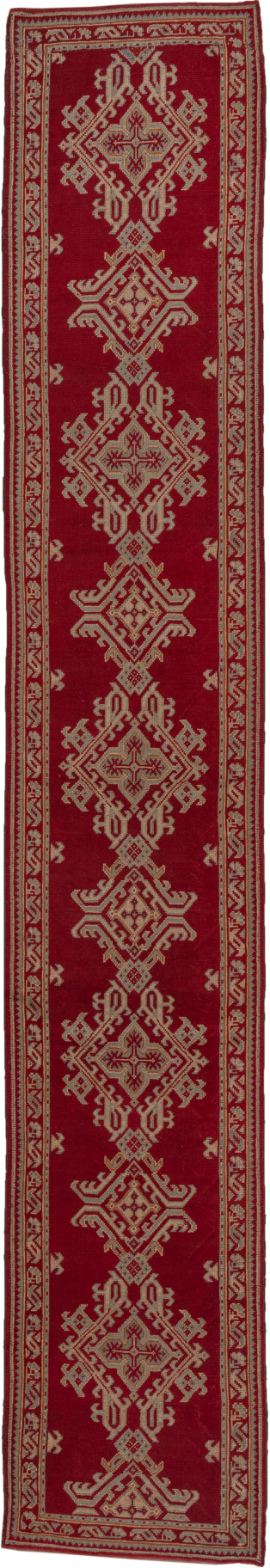 3' x 17' one-of-a-kind handmade vintage Oushak runner rug. Color palette: brown, off-white, pink, red, snow, white