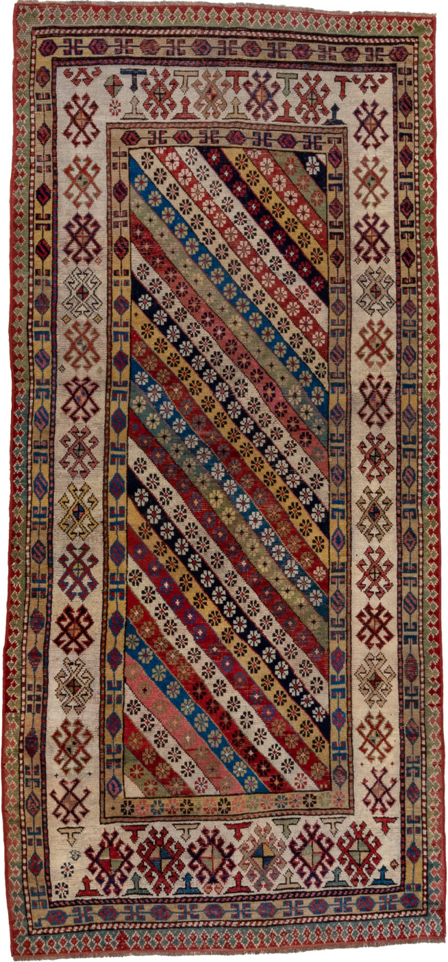 4' x 8' one-of-a-kind handmade vintage Caucasian runner rug. Color palette: black, blue, brown, gray, pink, red