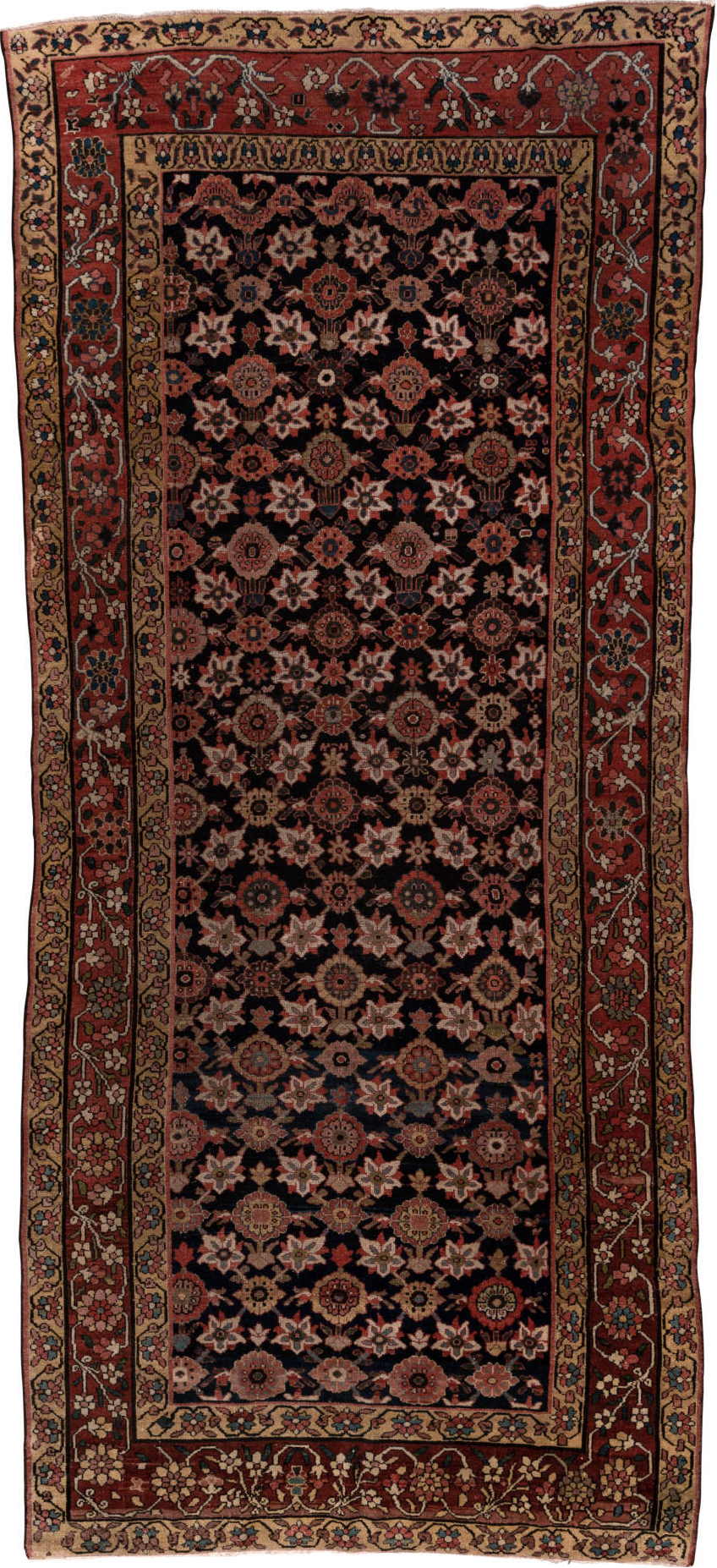 5' x 12' one-of-a-kind handmade vintage Malayer rug. Color palette: black, brown, gray, pink, red