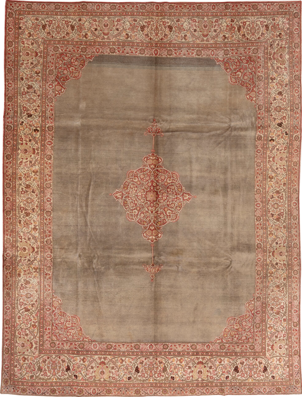 9' x 12' one-of-a-kind handmade vintage Tabriz large size rug. Color palette: brown, orange, off-white, pink, tan