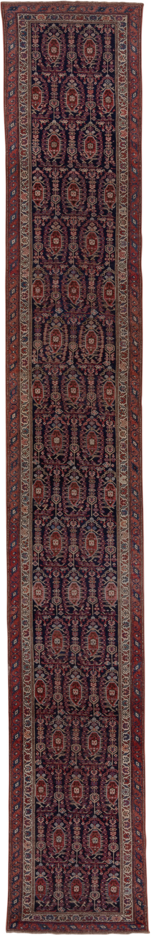 2' x 17' one-of-a-kind handmade vintage NW Persian runner rug. Color palette: blue, brown, gray, off-white, pink, red