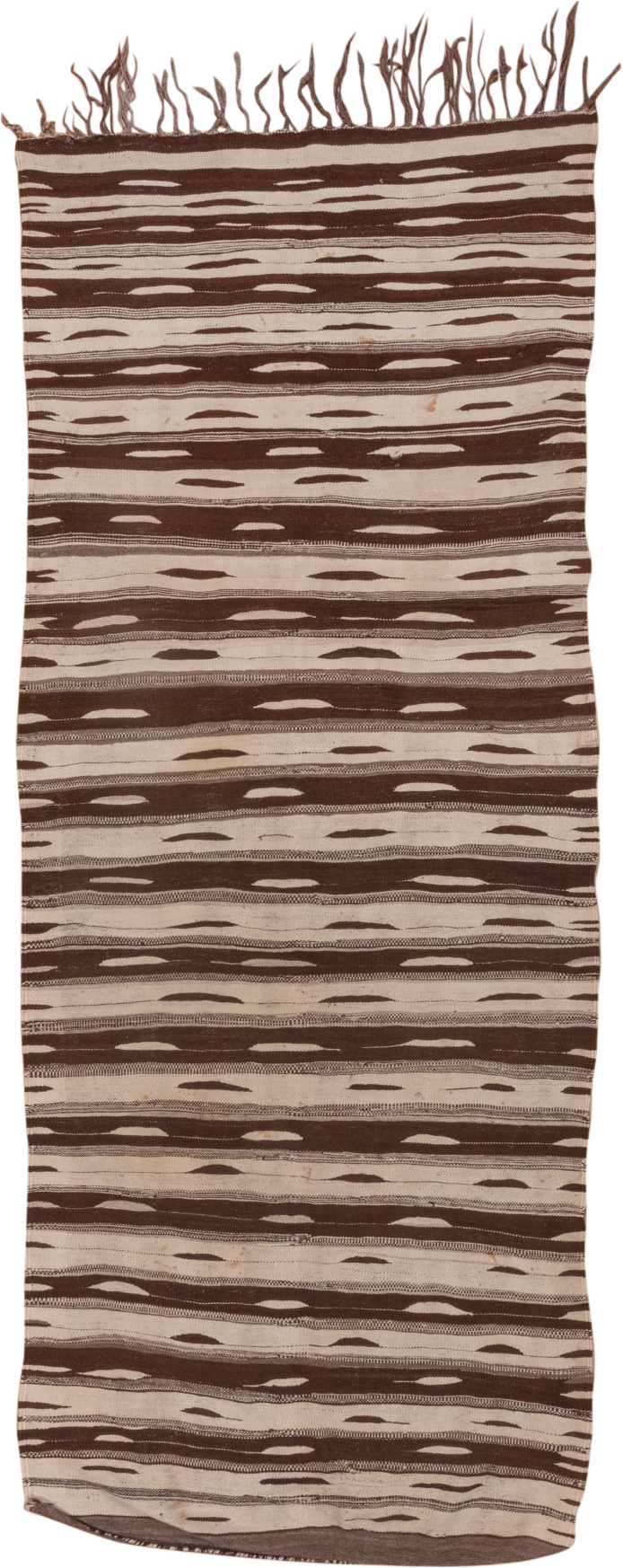 4' x 10' one-of-a-kind handmade vintage Kilim runner rug. Color palette: brown, gray, light gray, off-white, pink, snow