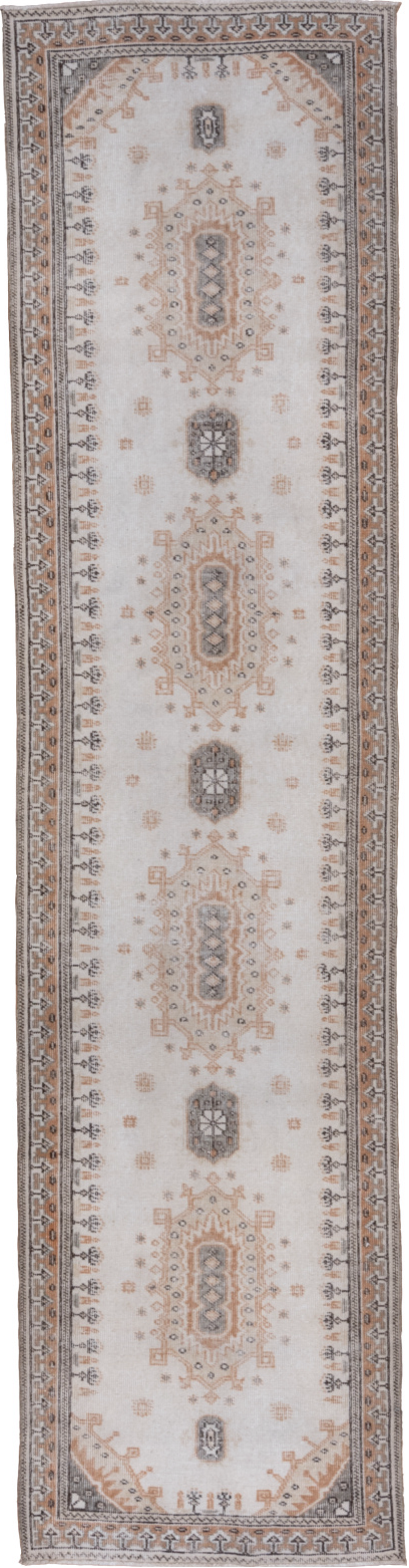 2' x 10' one-of-a-kind handmade vintage Oushak runner rug. Color palette: brown, gainsboro, gray, light gray, off-white