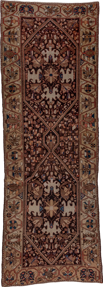 3' x 9' one-of-a-kind handmade vintage Malayer runner rug. Color palette: brown, black, pink, gray, red