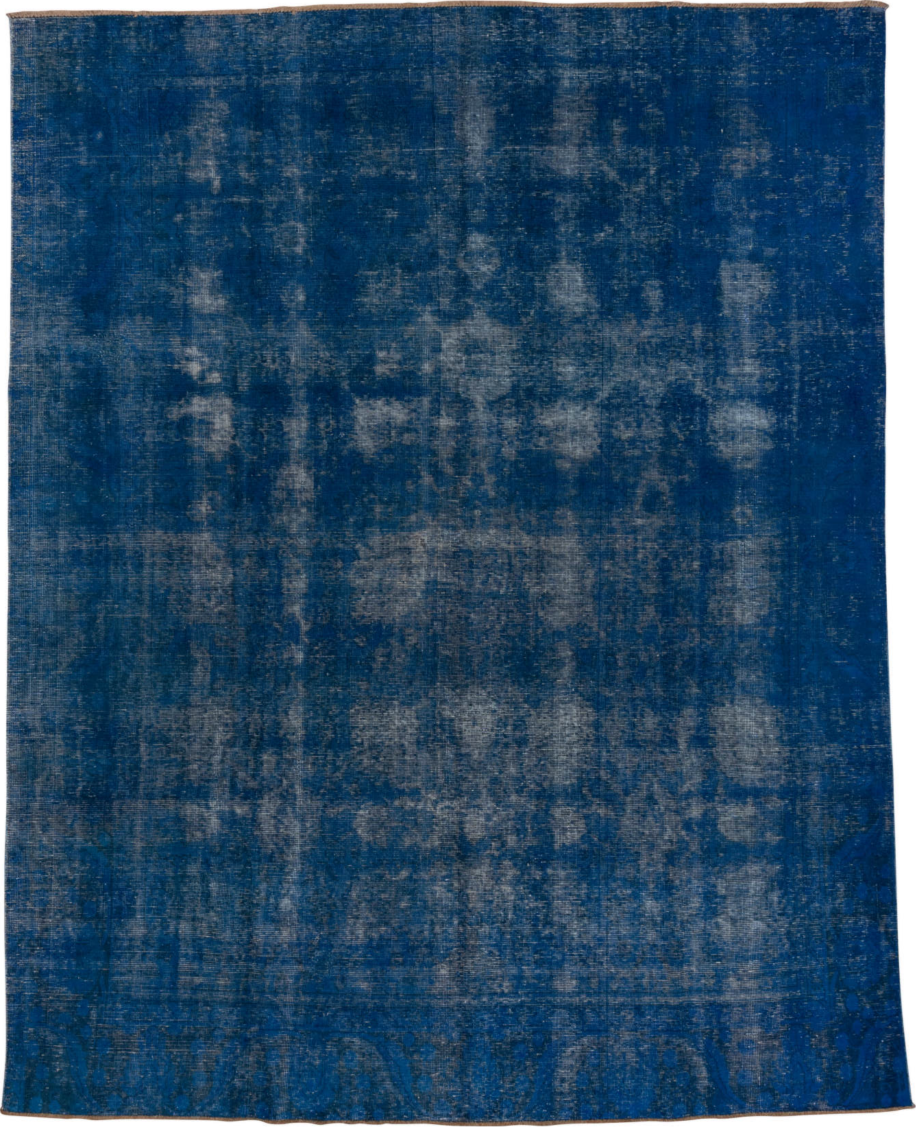 9' x 11' one-of-a-kind handmade vintage Overdyed large size rug. Color palette: blue, fiord, gray, light blue, light gray
