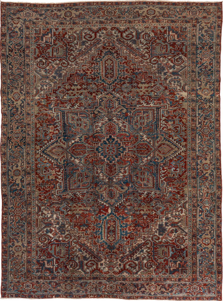 8' x 10' one-of-a-kind handmade vintage Heriz large size rug. Color palette: brown, red, gray, light gray, off-white, blue