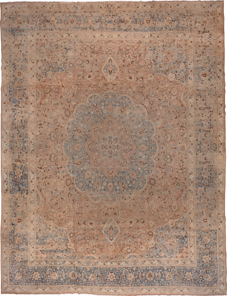 13' x 17' one-of-a-kind handmade vintage Meshed oversize rug. Color palette: brown, gray, blue, dim gray