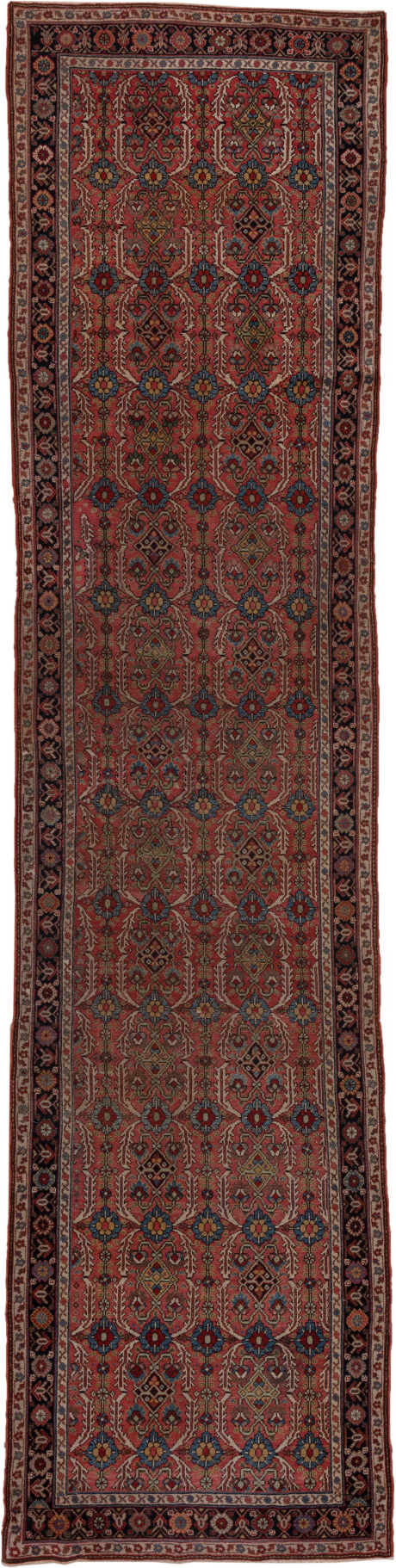 3' x 15' one-of-a-kind handmade vintage NW Persian runner rug. Color palette: black, brown, gray, pink, red