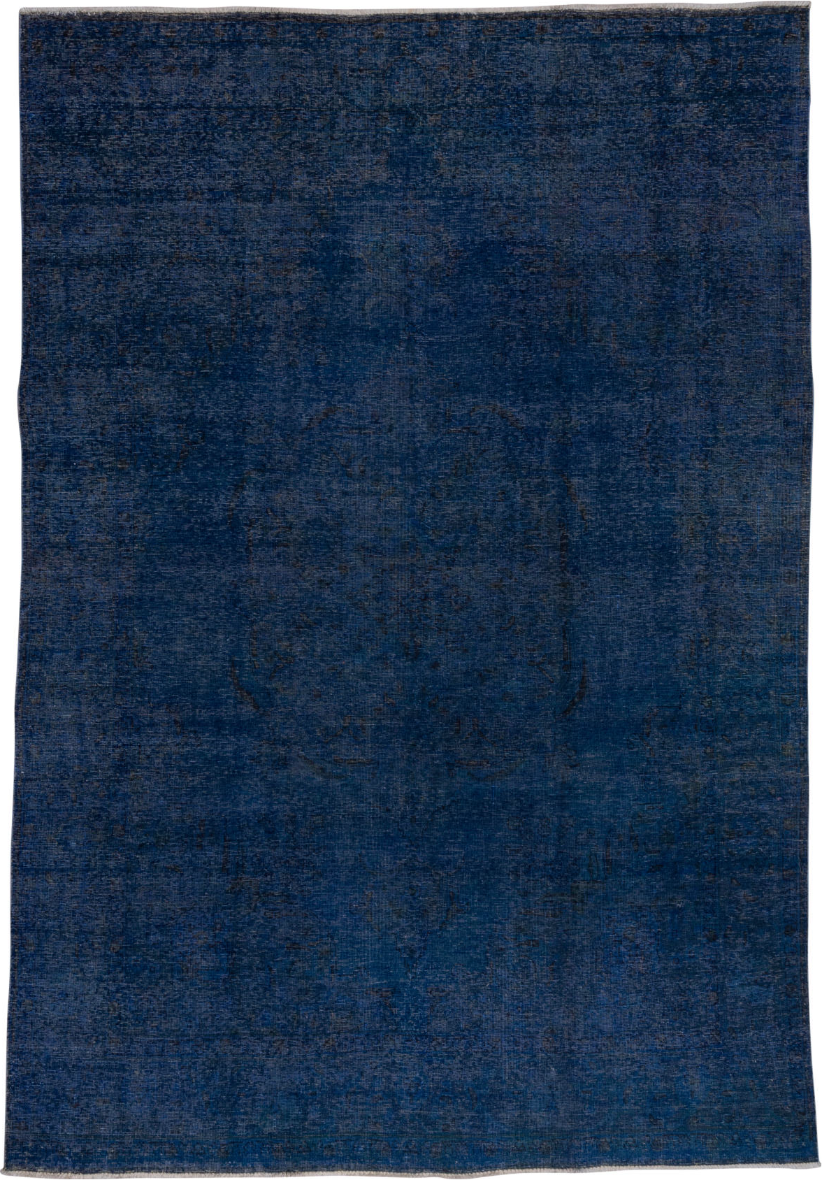 8' x 11' one-of-a-kind handmade vintage Overdyed large size rug. Color palette: blue, dim gray, fiord, gray, off-white, snow