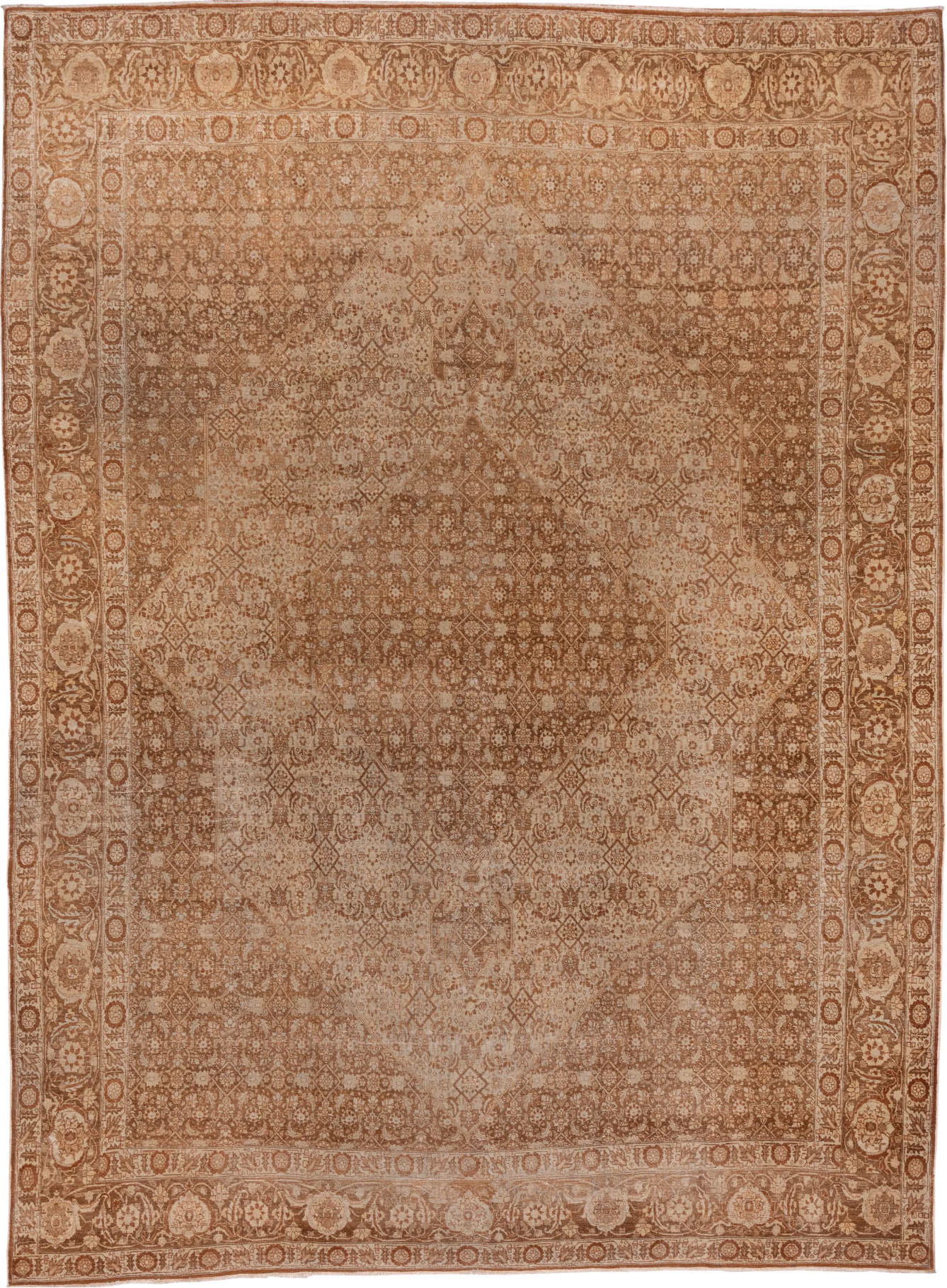 9' x 12' one-of-a-kind handmade vintage Tabriz large size rug. Color palette: brown, off-white, pink