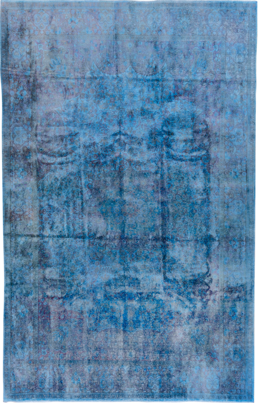 5' x 9' one-of-a-kind handmade vintage Overdyed medium size rug. Color palette: blue, gray, light blue, light steel blue