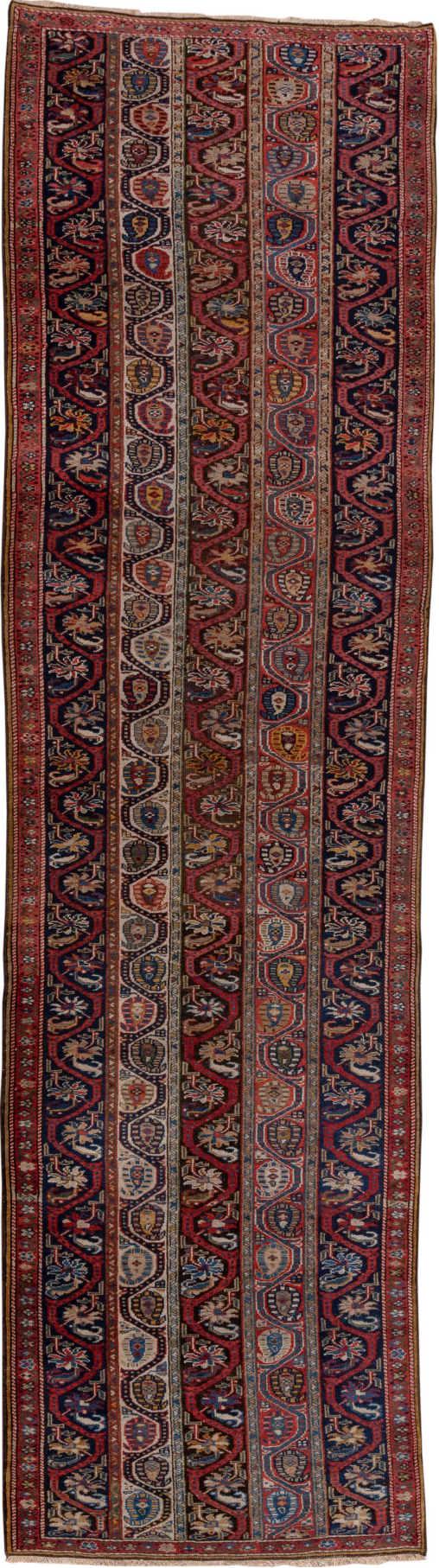 3' x 12' one-of-a-kind handmade vintage Bidjar runner rug. Color palette: blue, brown, gray, pink, red