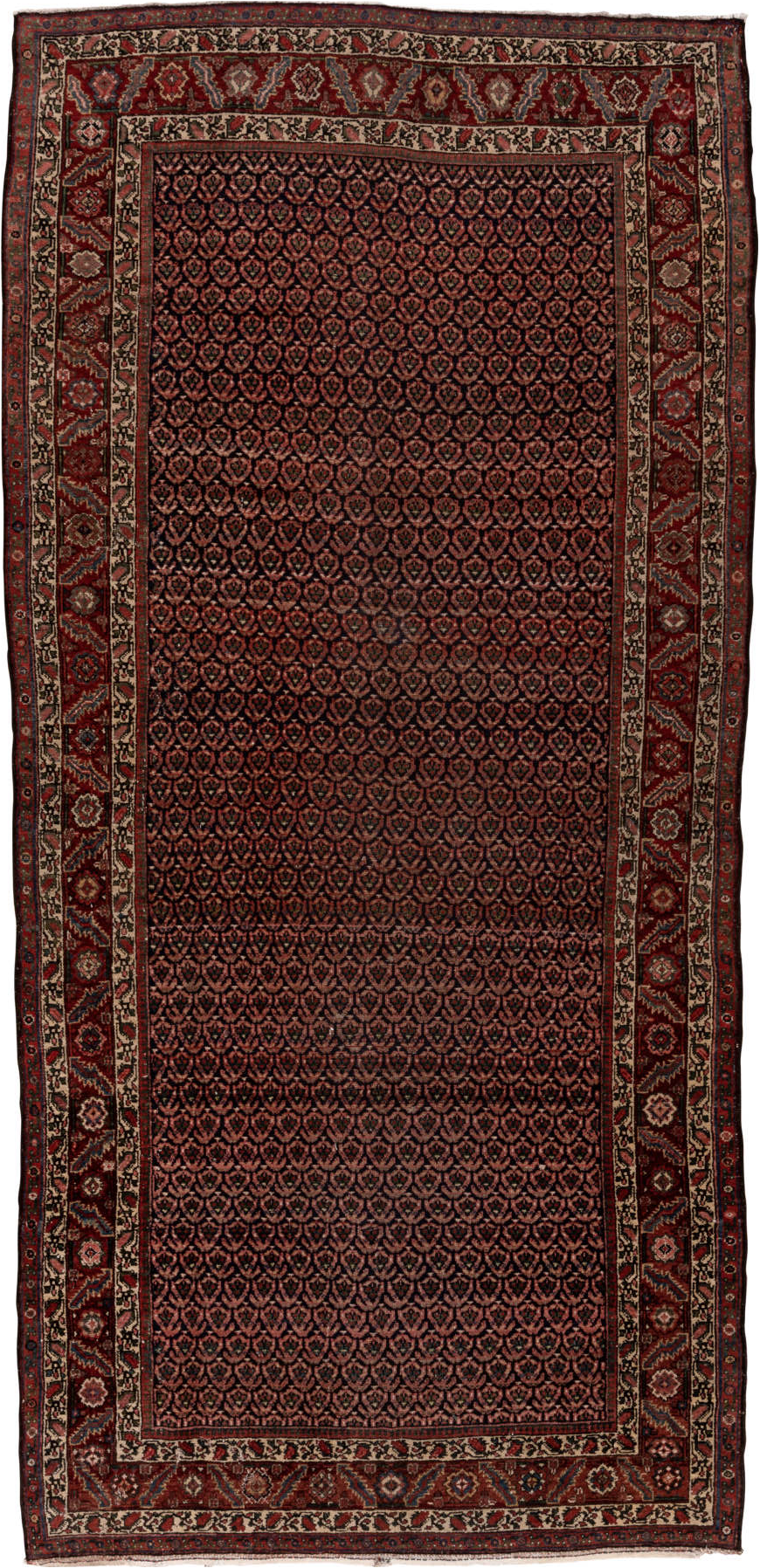 5' x 11' one-of-a-kind handmade vintage Malayer rug. Color palette: black, brown, gray, pink, red