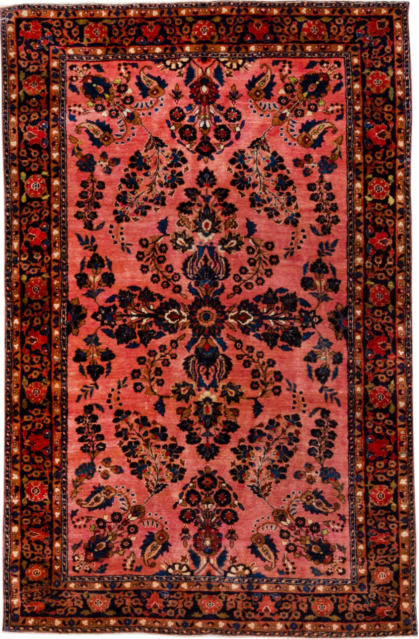4' x 6' one-of-a-kind handmade vintage Sarouk small size rug. Color palette: black, brown, maroon, pink, red