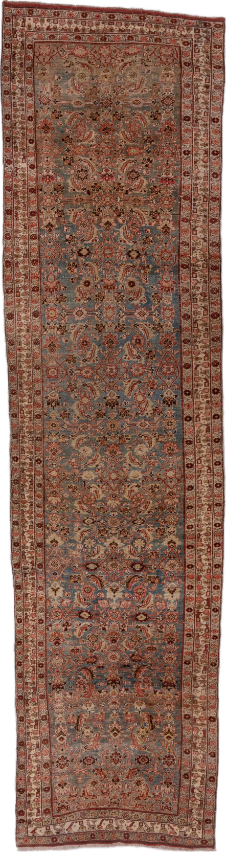 3' x 14' one-of-a-kind handmade vintage Bidjar runner rug. Color palette: brown, dim gray, gray, off-white, pink, snow