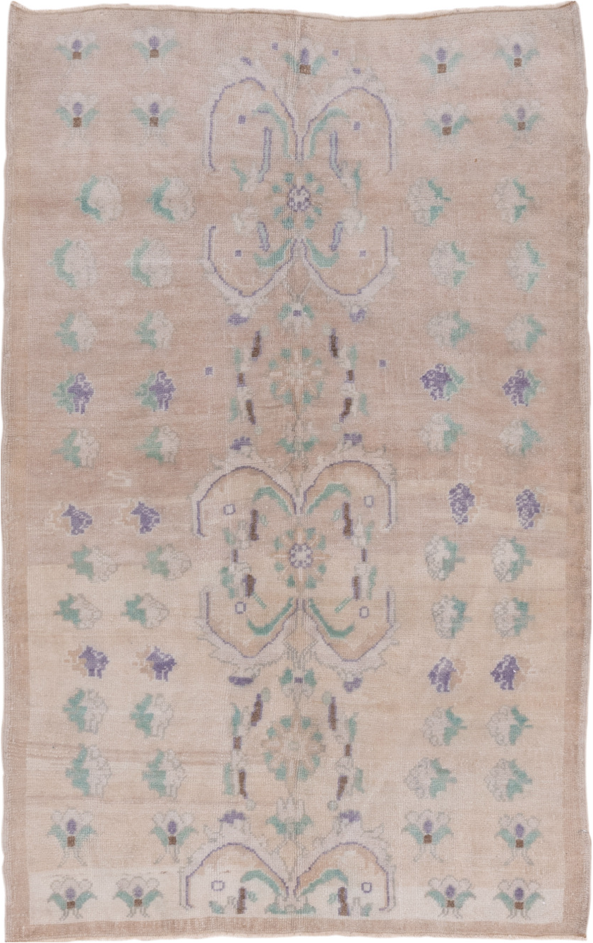 4' x 7' one-of-a-kind handmade vintage Oushak rug. Color palette: dark gray, gray, light gray, off-white, pink, snow, white