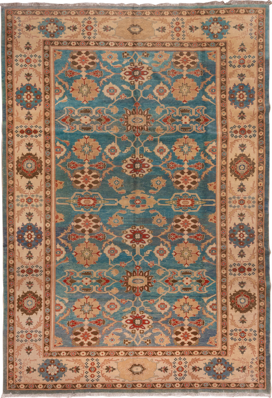 9' x 13' one-of-a-kind handmade vintage Sultanabad large size rug. Color palette: brown, blue, gray