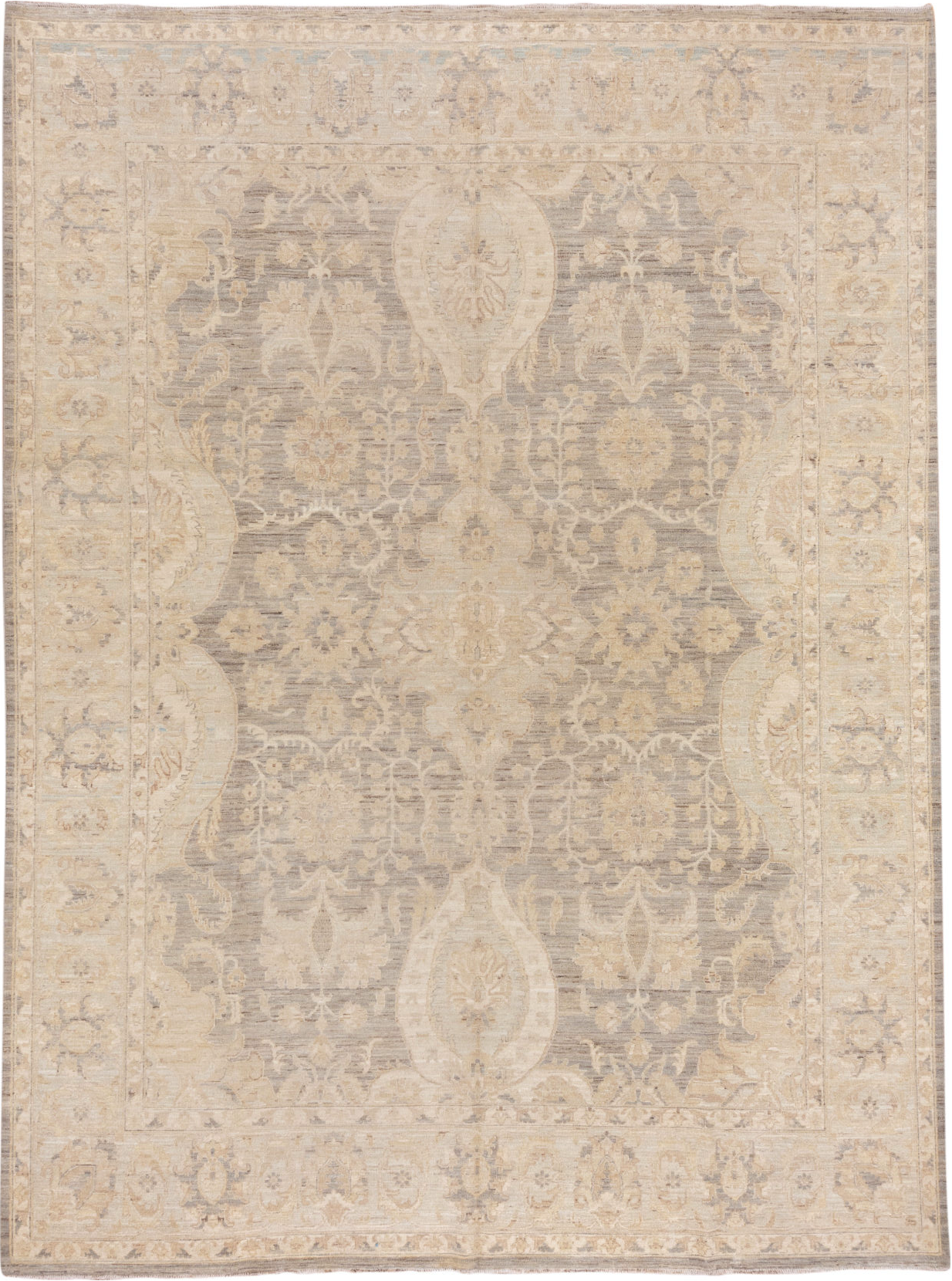 9' x 12' one-of-a-kind handmade vintage Sivas large size rug. Color palette: brown, gray, light gray, off-white, orange