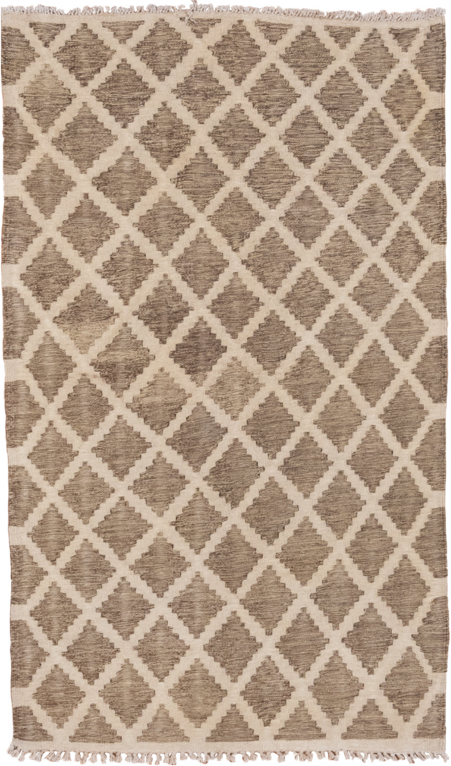 3' x 5' one-of-a-kind handmade vintage Kilim small size rug. Color palette: brown, gray, light gray, off-white, orange, pink