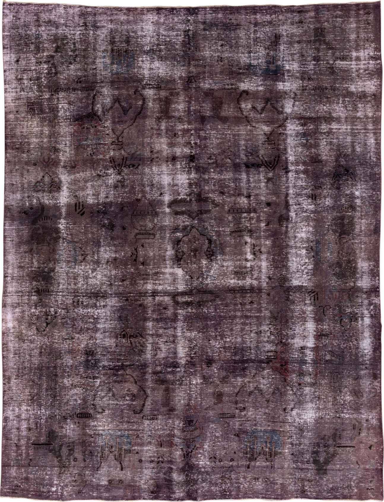 9' x 12' one-of-a-kind handmade vintage Distressed large size rug. Color palette: gray, light gray, off-white, pink