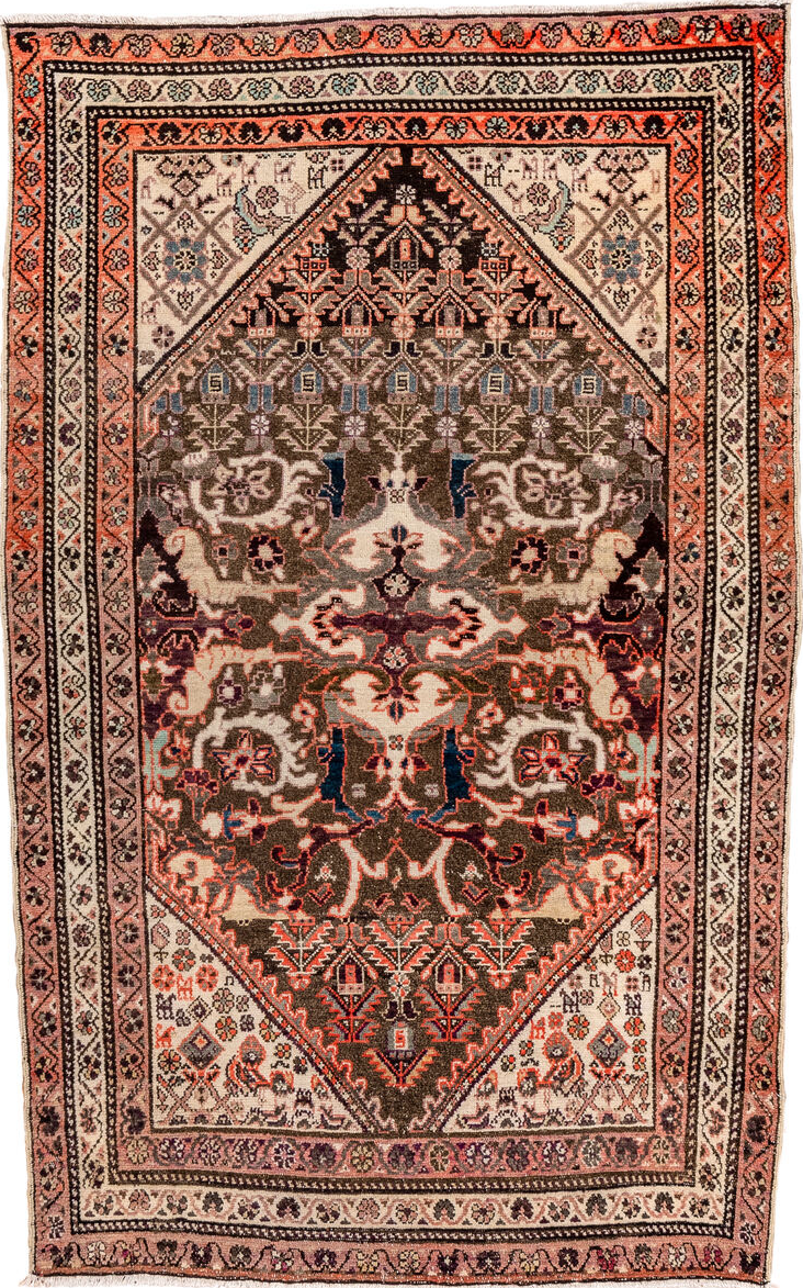 3' x 5' one-of-a-kind handmade vintage Malayer small size rug. Color palette: brown, orange, off-white, pink, red, black