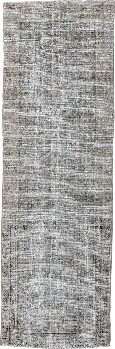 9' x 3' one-of-a-kind handmade vintage Mahal rug. Color palette: gray, light gray, off-white, black, blue, silver, charcoal