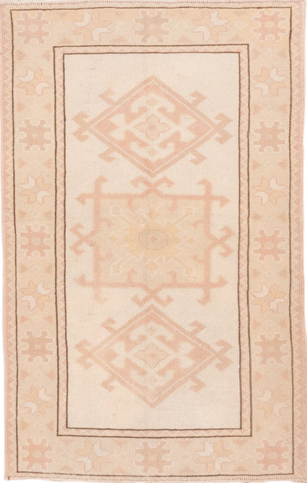 2' x 4' one-of-a-kind handmade vintage Oushak small size rug. Color palette: off-white, brown, orange, pink, light gray