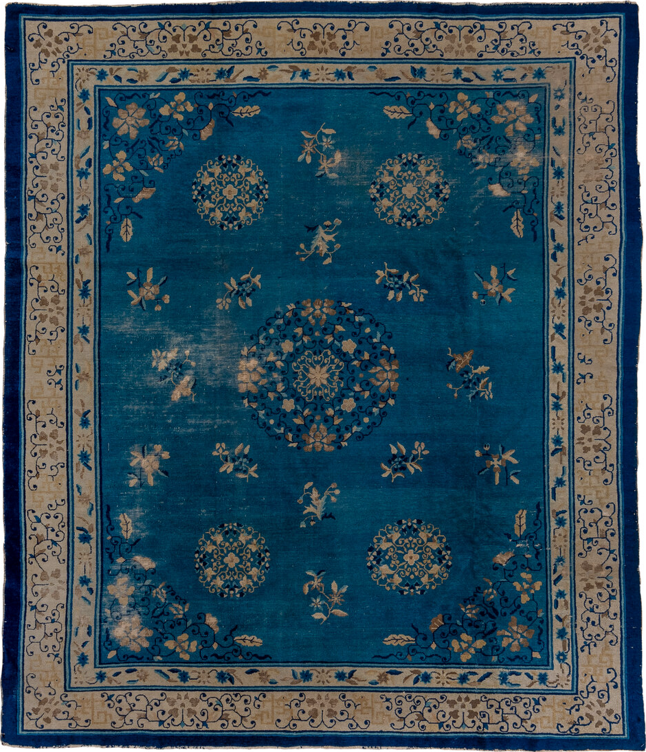 8' x 9' one-of-a-kind handmade vintage Chinese rug. Color palette: gray, black, blue, brown