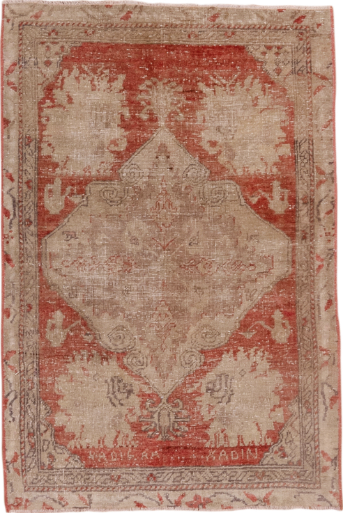 2' x 4' one-of-a-kind handmade vintage Oushak small size rug. Color palette: pink, brown, gray, light gray, off-white, white