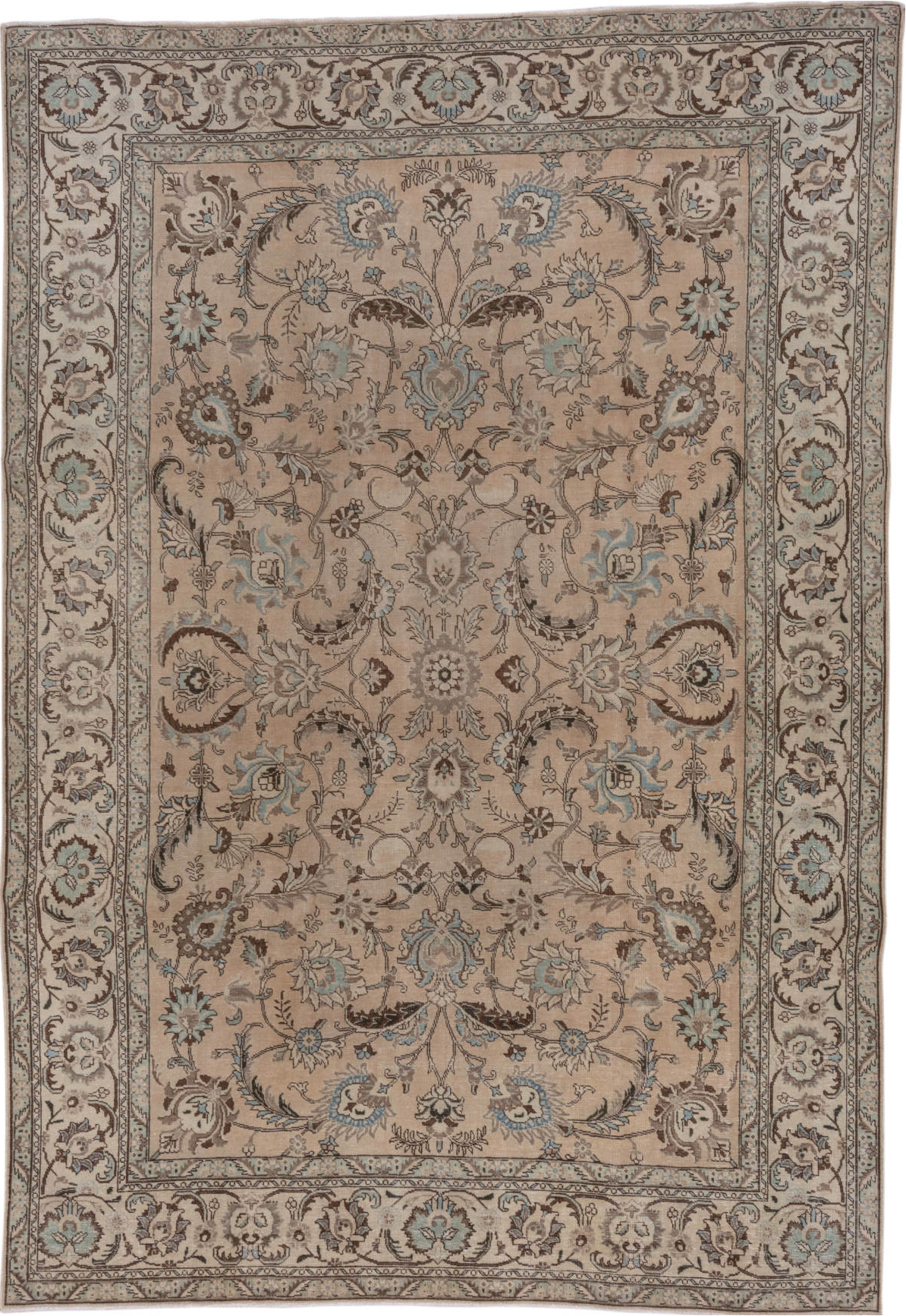 7' x 10' one-of-a-kind handmade vintage Tabriz large size rug. Color palette: brown, gray, light gray, off-white, pink