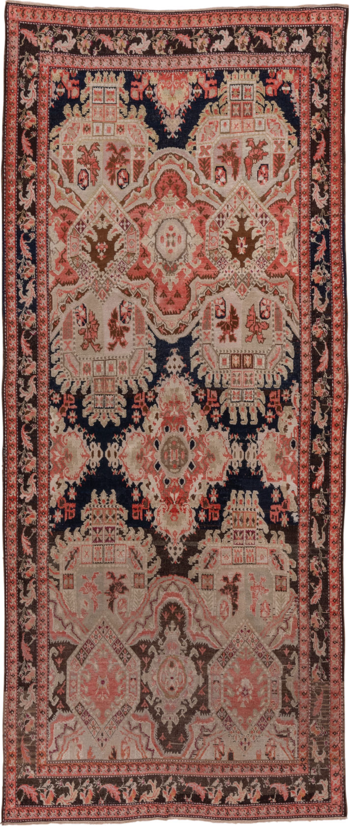 5' x 12' one-of-a-kind handmade vintage Karabagh rug. Color palette: brown, gray, pink, red, redwood