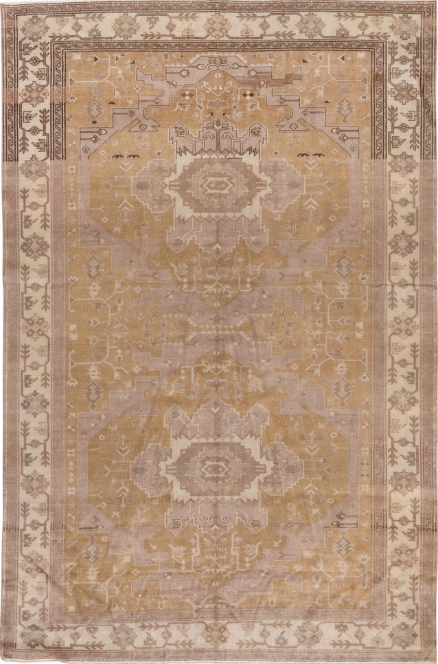 5' x 8' one-of-a-kind handmade vintage Caucasian medium size rug. Color palette: brown, pink, off-white, orange, light gray