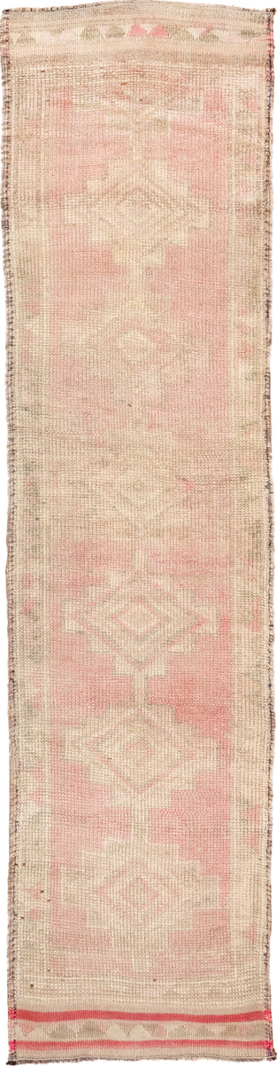 2' x 10' one-of-a-kind handmade vintage Kars runner rug. Color palette: orange, brown, off-white, pink, red, white, snow