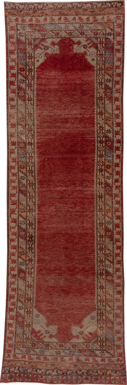 3' x 12' one-of-a-kind handmade vintage Oushak runner rug. Color palette: brown, gray, pink, red, off-white, white, snow