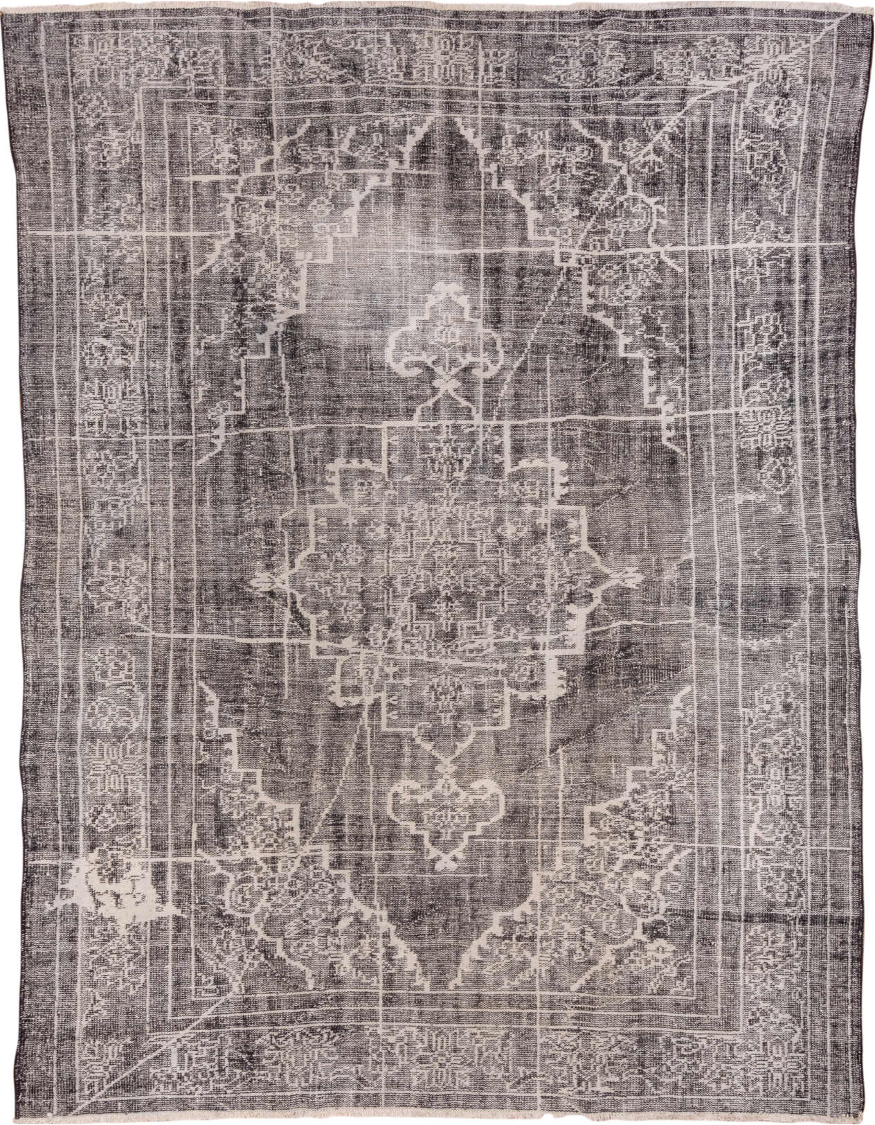 7' x 9' one-of-a-kind handmade vintage Overdyed rug. Color palette: black, charcoal, dark gray, gainsboro, gray, light gray