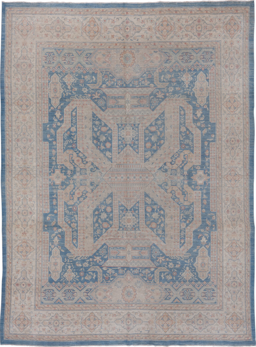 9' x 12' one-of-a-kind handmade vintage Afghan large size rug. Color palette: off-white, gray, blue, pink, light gray, white
