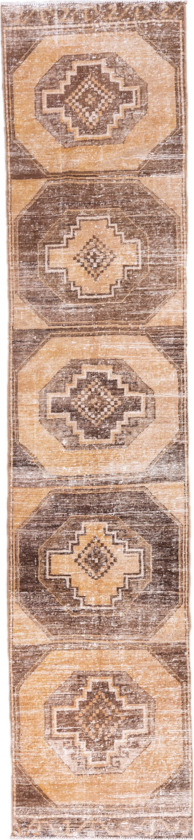 2' x 12' one-of-a-kind handmade vintage Oushak runner rug. Color palette: brown, off-white, orange, pink, snow, white