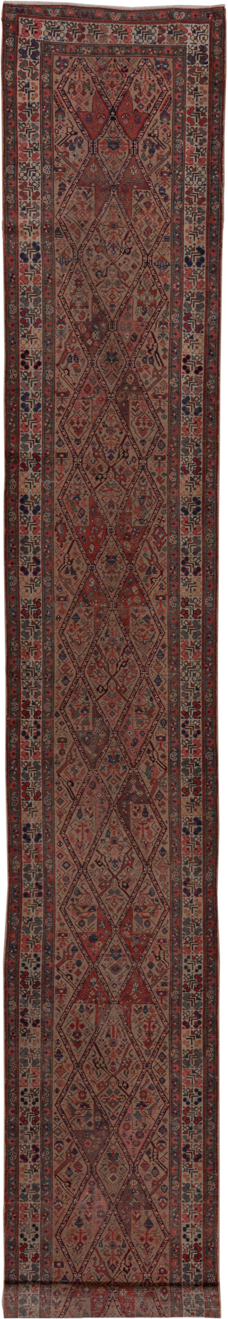 2' x 18' one-of-a-kind handmade vintage Cam Hamadan runner rug. Color palette: brown, gray, off-white, pink, red, snow