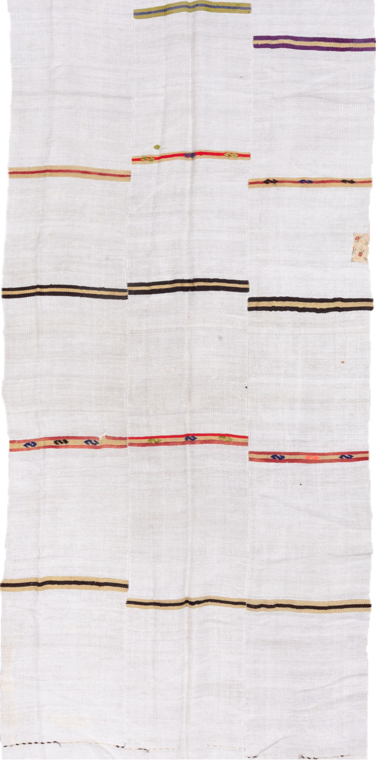 6' x 14' one-of-a-kind handmade vintage Hemp Kilim large size rug. Color palette: brown, gainsboro, ghost white, gray