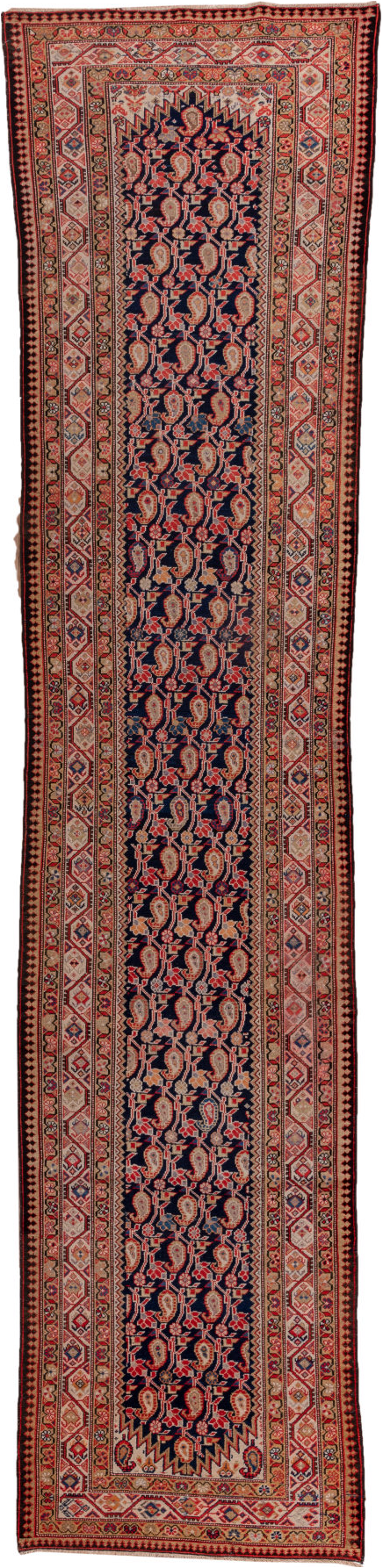 3' x 13' one-of-a-kind handmade vintage Malayer runner rug. Color palette: brown, gray, pink, red