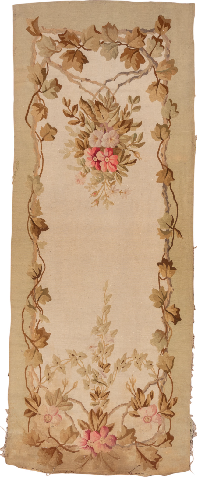 3' x 8' one-of-a-kind handmade vintage Aubusson runner rug. Color palette: brown, dark salmon, gray, light gray, off-white